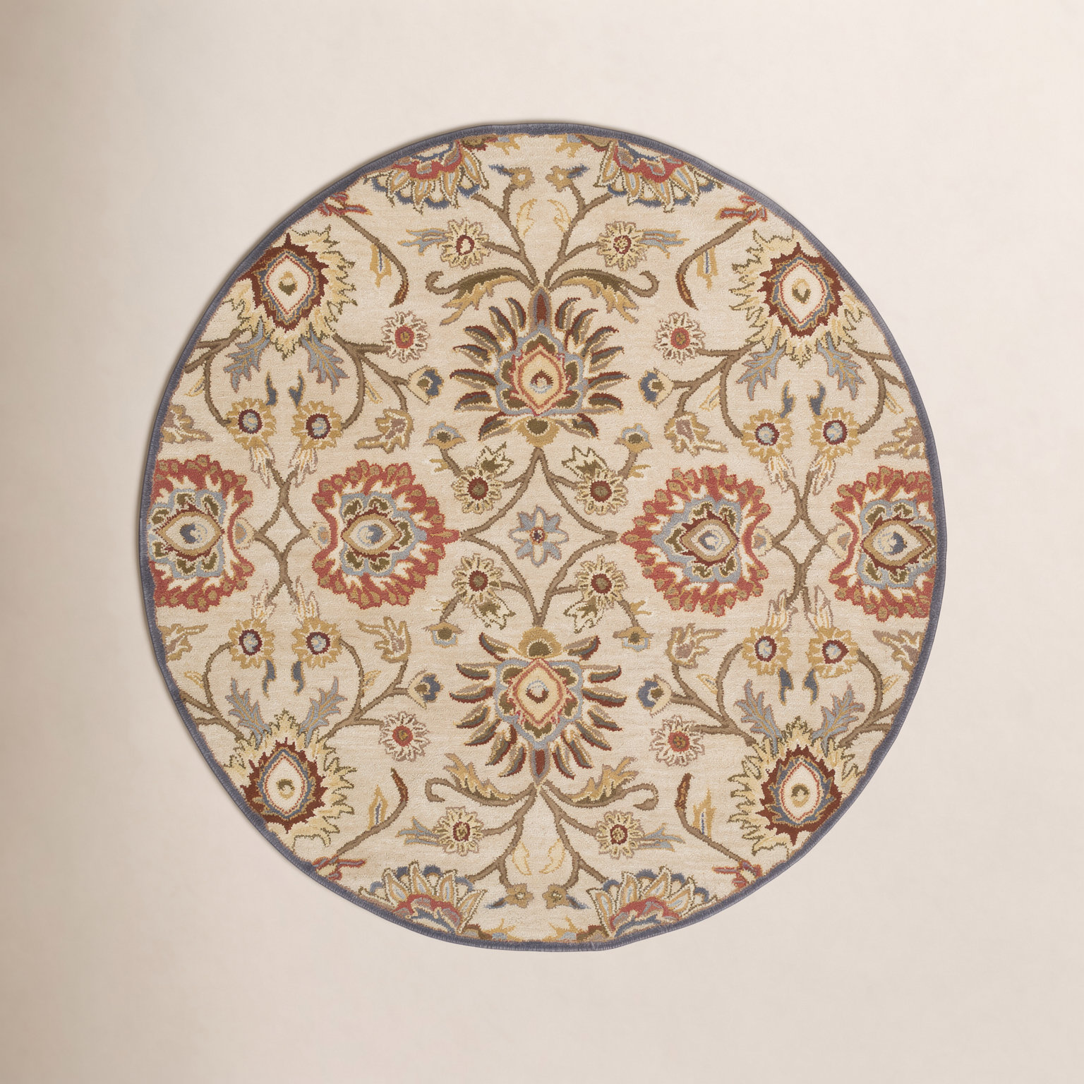 Arden Ivory Denim Red Hand-Tufted Wool Floral Rug, Round 4'