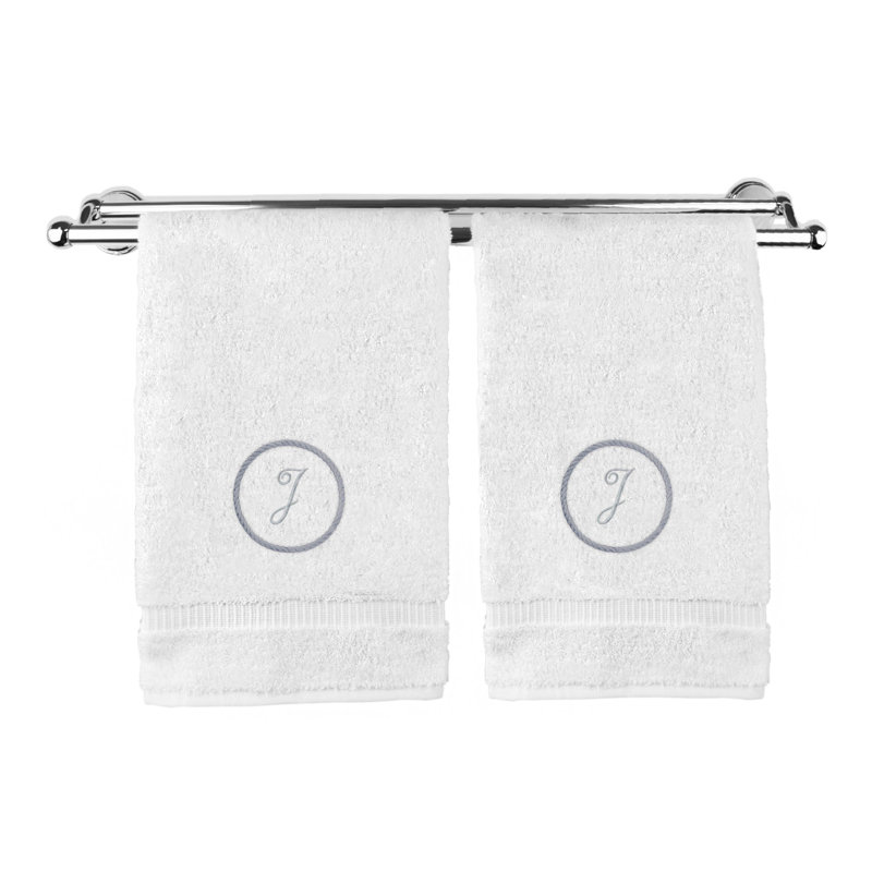 Essuie-mains monogramme - ensemble de 2 - lettre à motif circulaire, Blanc / argenté, J