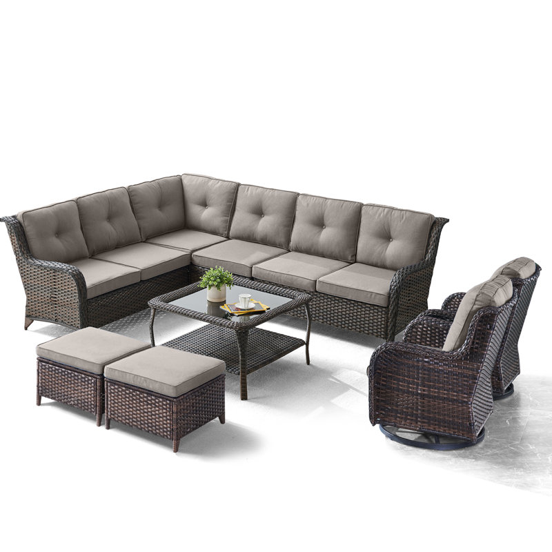 Schutt 8 Person Outdoor Sectional Seating Group with Cushions, Brown Frame/Gray Cushion