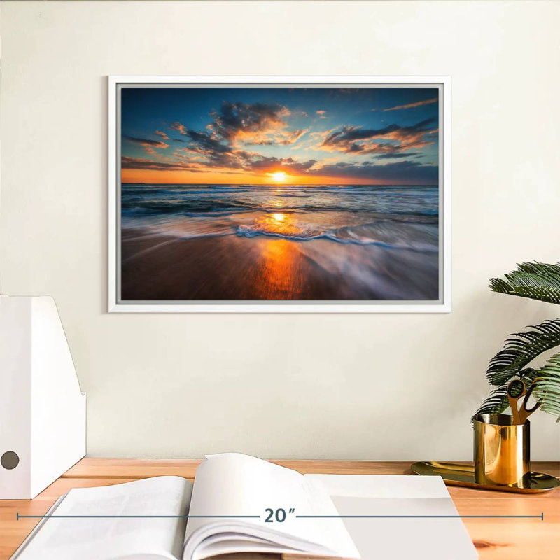 Été, océan, lever de soleil, Cadre flottant blanc, 13 po x 9 po