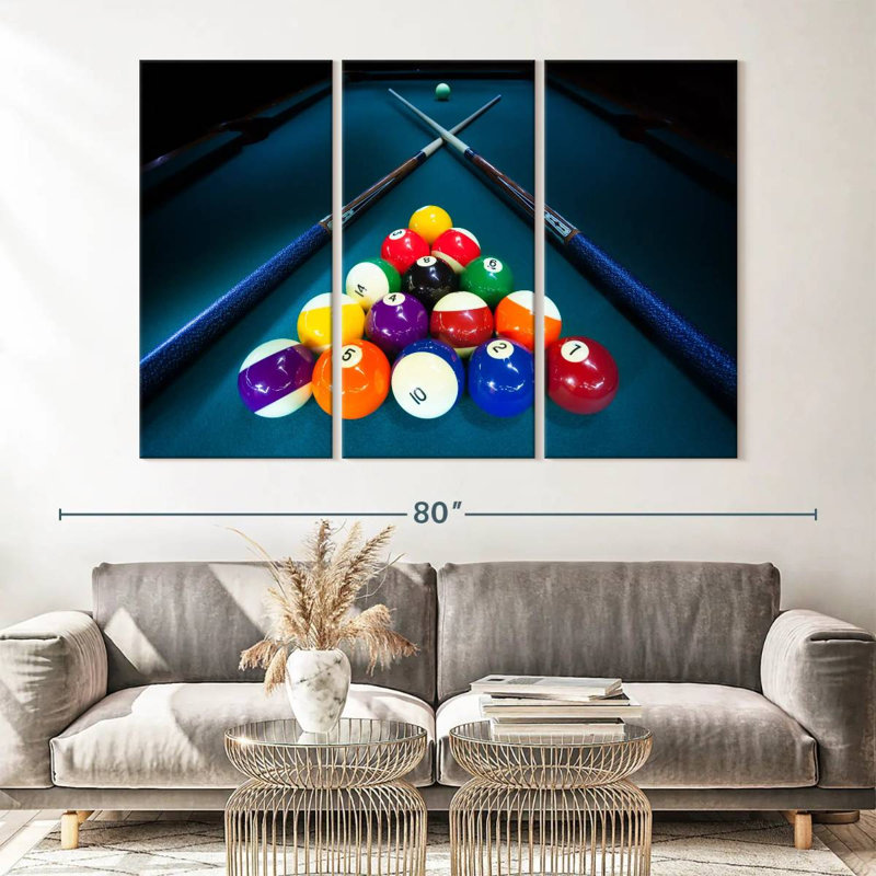 " Billiard Cue Stick Triangle " 3 Piece Art Print, 42" H x 65" W x 1.25" D