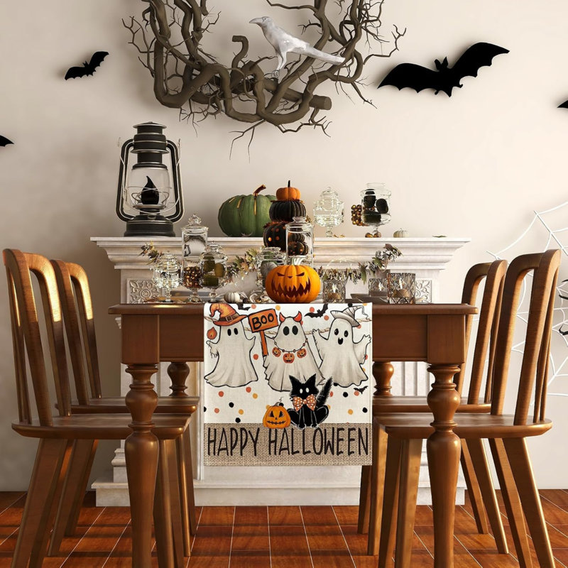 Halloween Table Runner, Ghost Decor Linen Washable Table Runner, for Kitchen, Bar, Dining Table, 183 * 33 cm Pumpkin Table Runner (Type A)