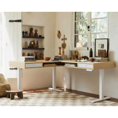63" X 55" Electric L-Shaped Standing Desk, Height Adjustable Corner Desk With 2 Under Desk Drawers & Open Storage, Sit-Stand Desk With Power Strip Tra by Inbox Zero