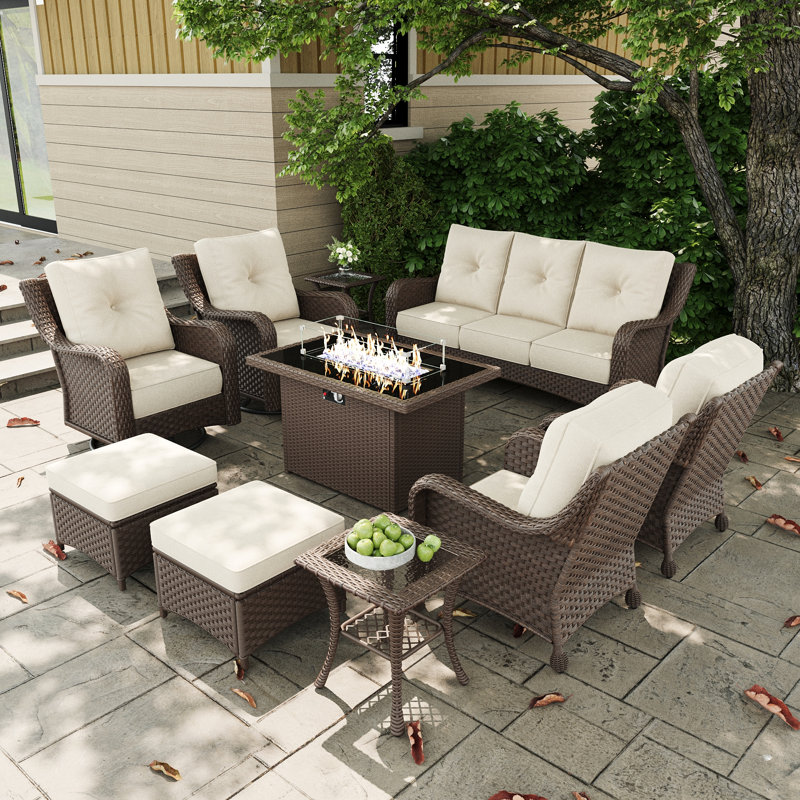 10 Piece Patio Furniture Set With Fire Pit Table, All-weather Wicker Outdoor Conversation Set With Swivel Rocking Chair And 6 Inch Thick Cushions