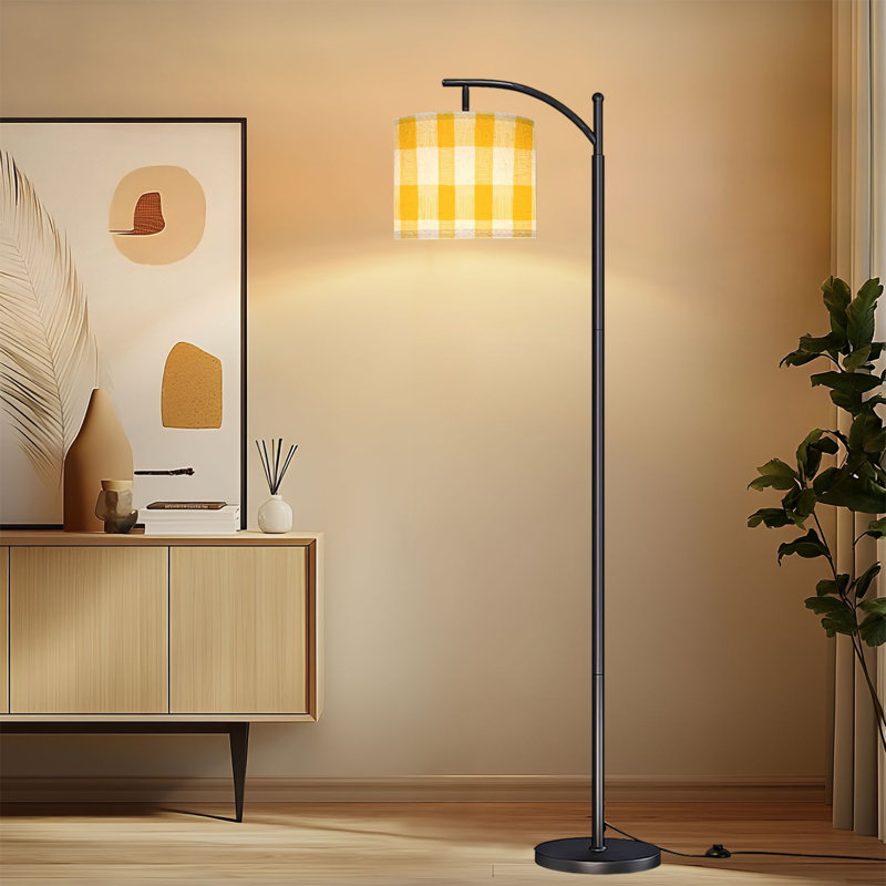 Lampe sur pied à arc avec abat-jour réglable en tissu écossais jaune et blanc à motif de brosses douces, lampe sur pied 3 lumières à température variable avec interrupteur au pied pour la chambre à coucher