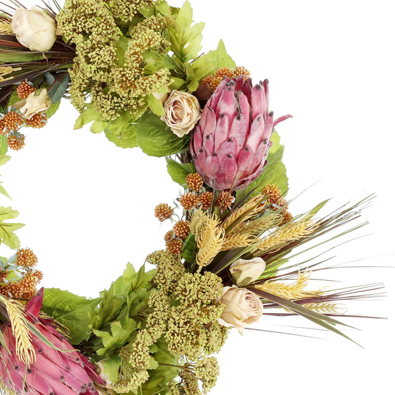 Pumpkin Spice & Everything Nice 26" Fall Wreath with Queen Anne's Lace, Lilacs, Banksia and Wheat, Pink
