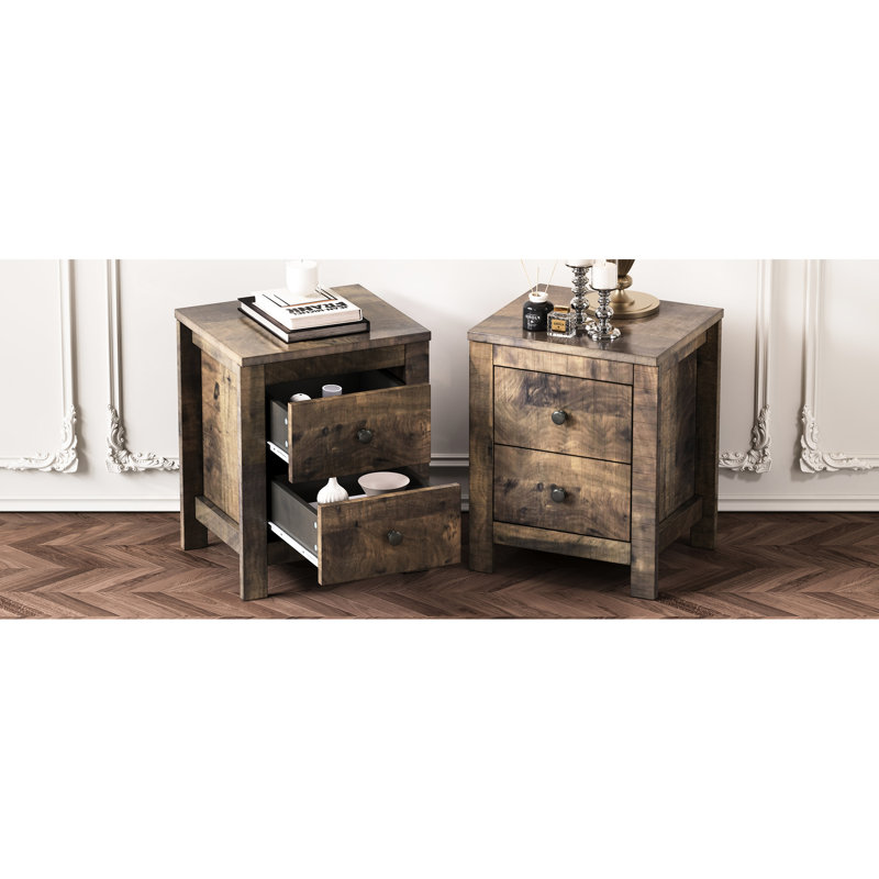 Table de chevet en noyer antique avec look rétro et compartiment de rangement pour 2 tiroirs
