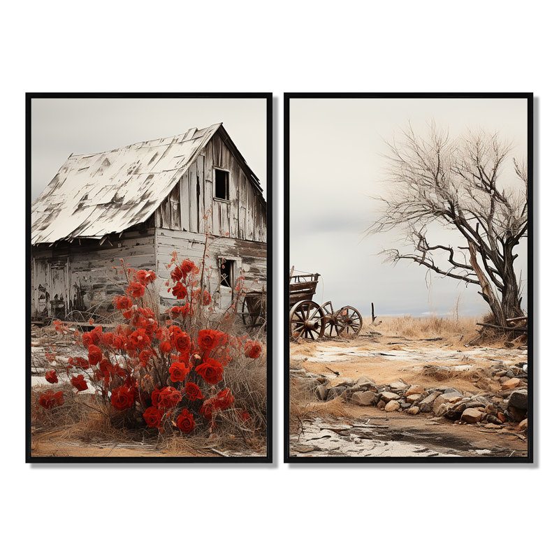 «Red Farmhouse Rustic Elegance I», ensemble de 2 impressions sur toile, H 36 po x l 48 po, Impression encadrée flottante