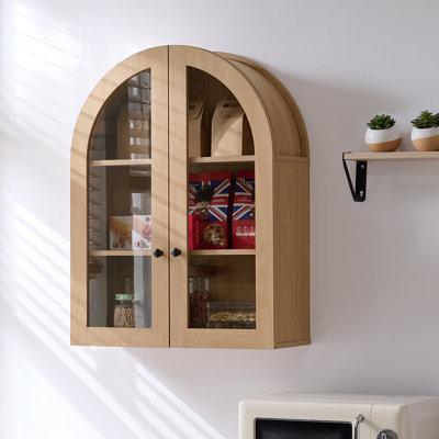 Armoire murale arquée moderne avec tablette réglable et portes en verre, chêne naturel