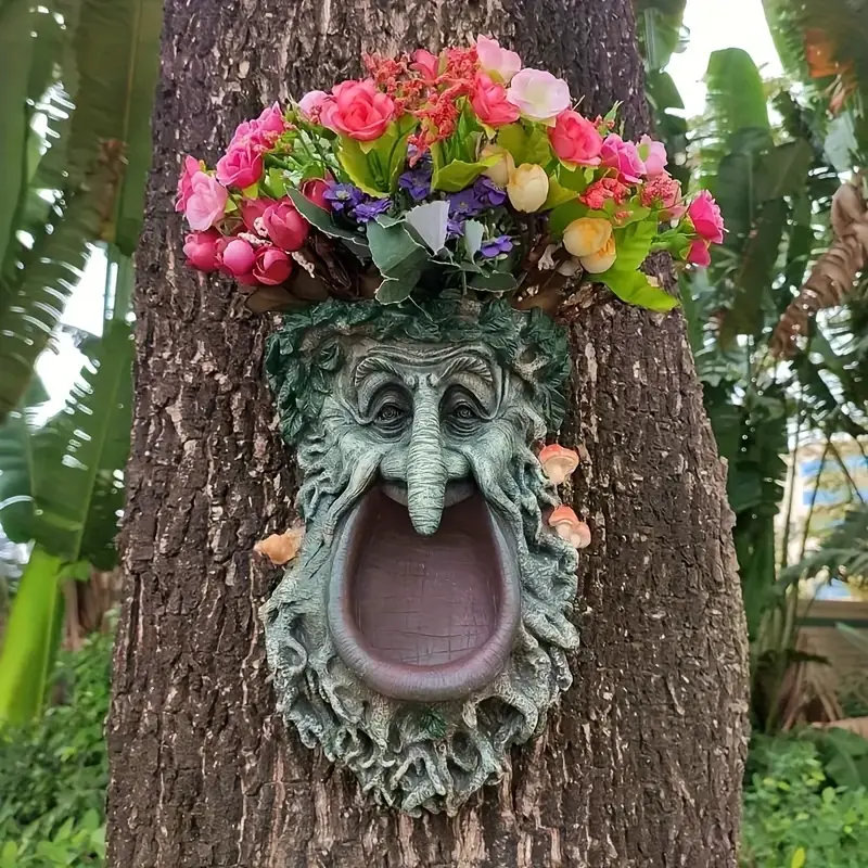 9.84'' Resin Greenman Tree Face Bird Feeder and Wall Planter, Whimsical Old Man Tree Hugger Garden Sculpture Yard Art Decoration