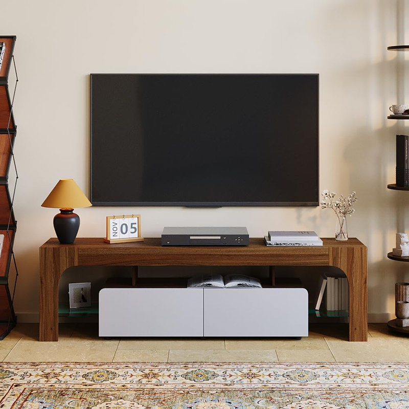 Meuble télé 63 po, meuble télé avec 2 tiroirs et tablette ouverte, Brun