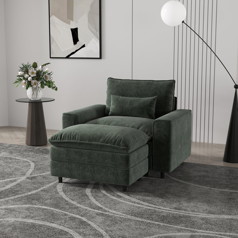 Fauteuil à assise profonde en tissu chenille avec assise profonde et structure en bois massif Chenille, Vert