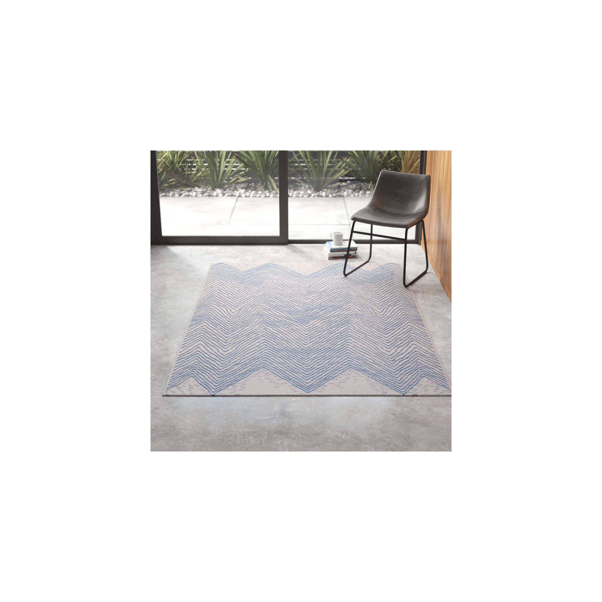 Dunham Abstract Indoor/Outdoor Area Rug for Living Room Patio Deck Front Porch Kitchen, Blue/Ivory, Rectangle 6'3" x 9'2"