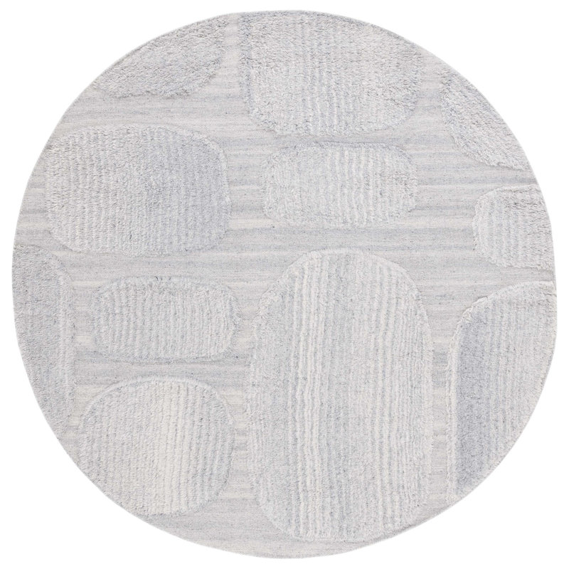 Tapis gris en laine et en coton tissé à plat à la main de couleur unie Brogun, Rond 6 pi