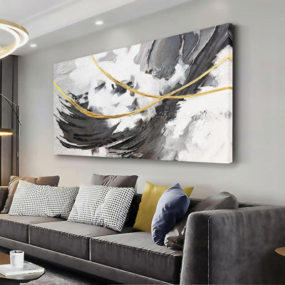 Abstrait, art mural noir et blanc, impressions sur toile pour décoration murale ligne dorée, décoration pour chambre à coucher, salle à manger, bureau à domicile, cuisine, 24 x 48 po
