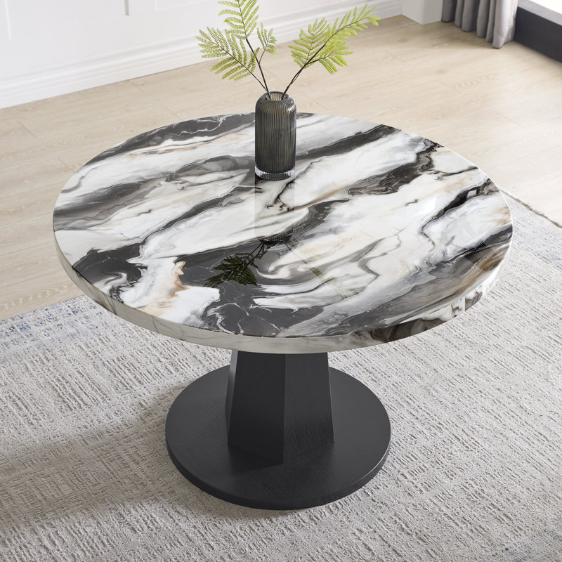 Roundhill Furniture Cavira Modern Faux Marble Dining Table with Wood Pedestal Base, Off-White, White