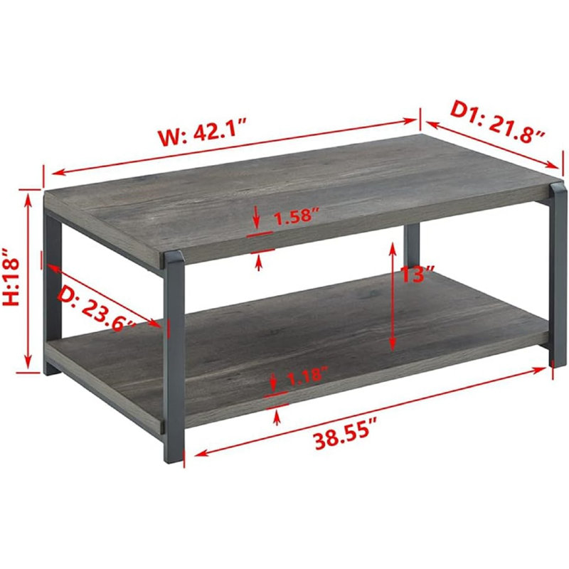 Rustic Grey Wood and Black Metal Coffee Table with Storage Shelves