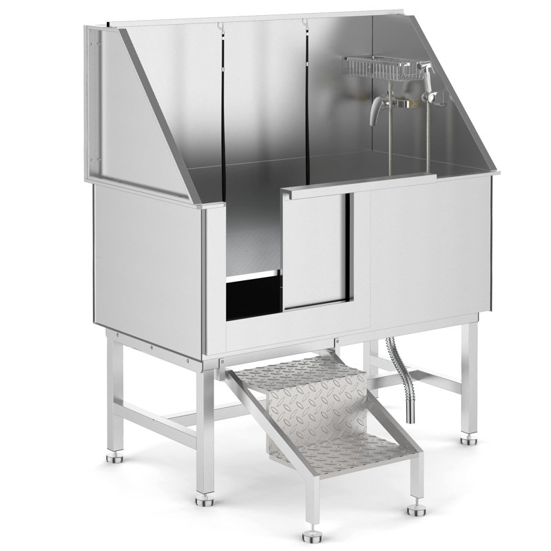 Baignoire de toilettage pour chien en acier inoxydable 50 "avec escalier, station de bain professionnelle pour animaux