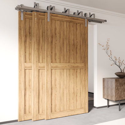 Brushed Nickel Triple Track Bypass Sliding Barn Door Hardware Kit (for Door Thickness 1-1/4in ~ 1-3/8in), Three 16ft Long Flat Tracks, for Three Interior Doors (Doors not Included）