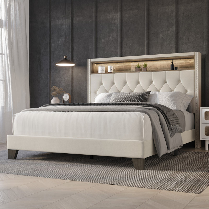 Fording Upholstered Bookcase Storage Bed, Warm Gray, Queen