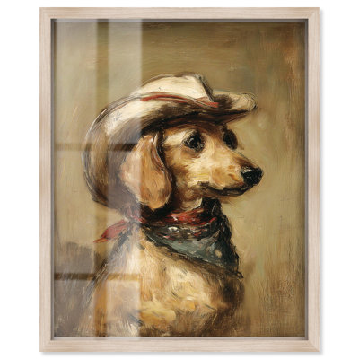 Cowboy Dachshund I Shadowbox Print Fun Wall Decor by Art Remedy, Blonde Frame, 30 x 36