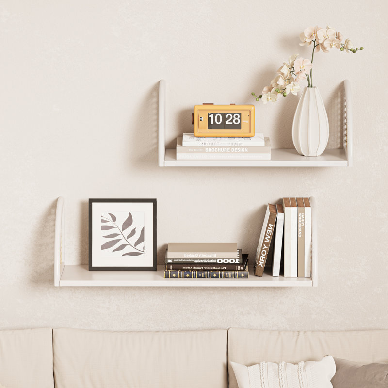 Tablettes murales flottantes en bois avec côtés en rotin, 24,8 po, 2 tablettes murales blanches, 24.8 inch, Blanc