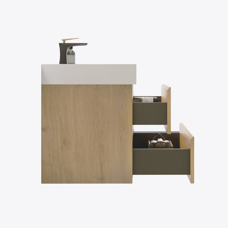 Meuble-lavabo mural 30 po en chêne naturel avec lavabo, grand meuble-lavabo flottant mural pour salle de bain moderne, lavabo une pièce blanc brillant sans bonde ni robinet