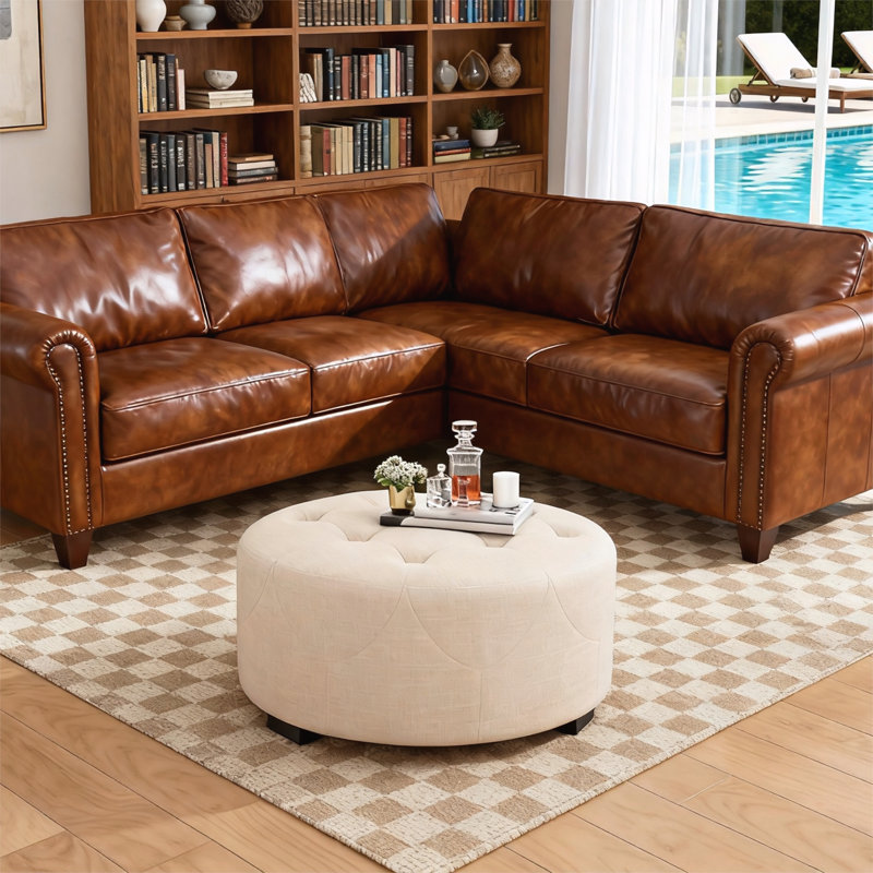Upholstered Round Ottoman, Beige