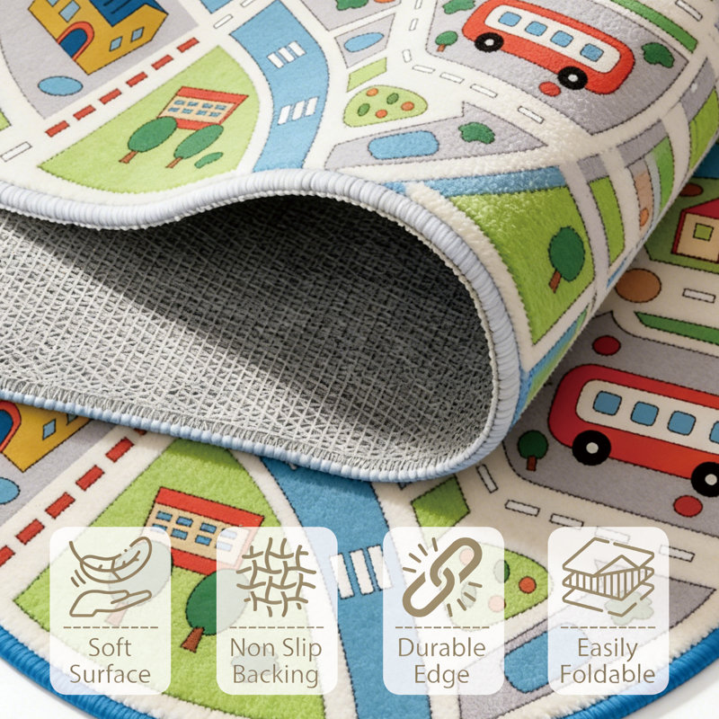 Velvet Multi-Color Area Rug, Kids Play Rug Non-Slip&Soft for Kids Room Playroom, Round 5' 3"