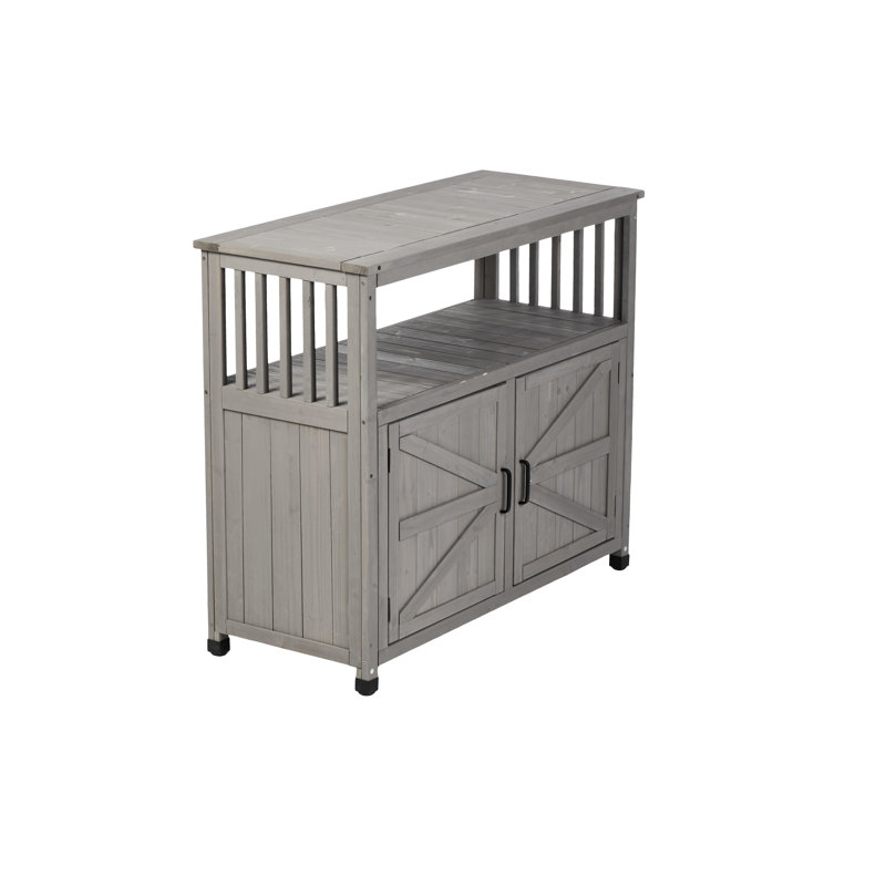 Solid Fir Wood Patio Buffet Cabinet Sideboard With Grey Outdoor Indoor Bar Table , Ideal For Tool Storage In Areas Storage, Elegant Slatted Design, Multi - Purpose And Backyard Use