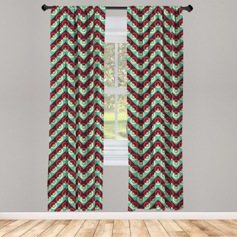 Retro Geometric Maroon and Sea Green Polyester Curtain Panels