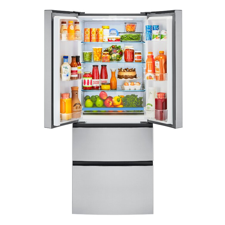 Haier 3-Piece Kitchen Appliance Package with HRF15N3AGS 28 French Door Refrigerator QAS740RMSS 24 Freestanding Electric Range and