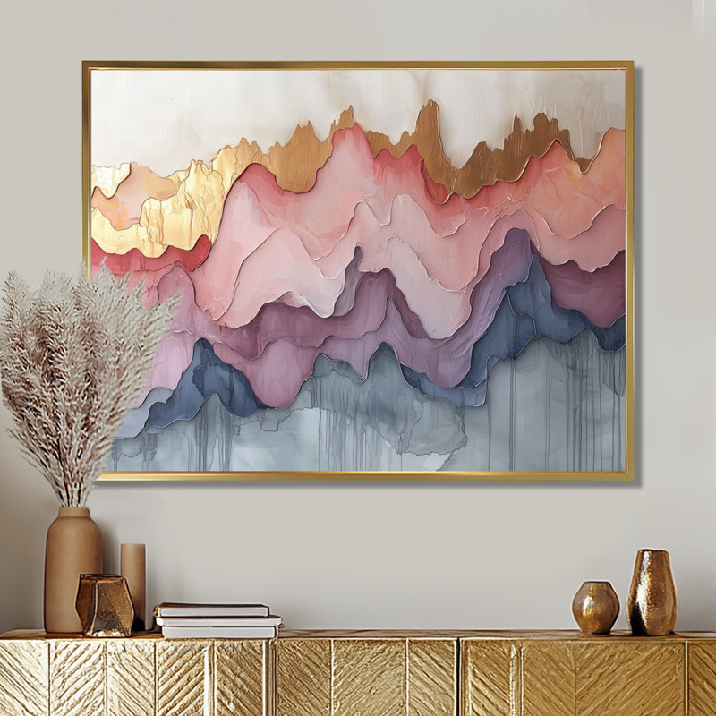 «Abstract Gold and Pink Ink River», art mural abstrait à l'encre liquide, H 30 po x l 40 po, Cadre flottant, Doré