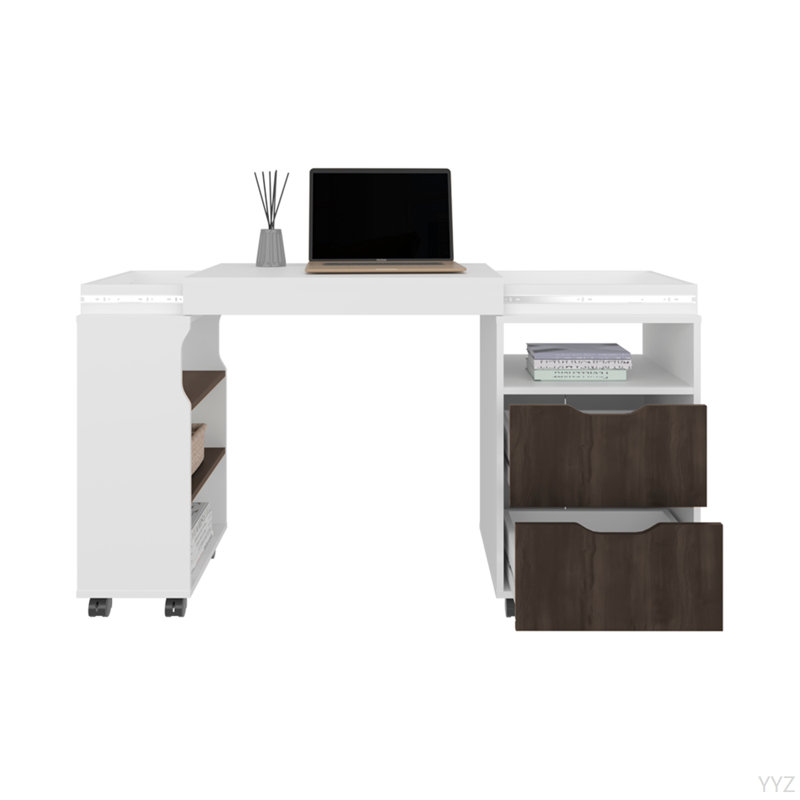 Bureau extensible, blanc / noyer foncé