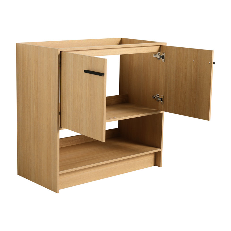 Meuble-lavabo de 36 po avec 2 portes, armoire autoportante pour la salle de bain, fabrication en contreplaqué, égratignure et eau, assemblage facile, conception américaine, meuble-lavabo couleur chêne, résistance à la construction, scintillement