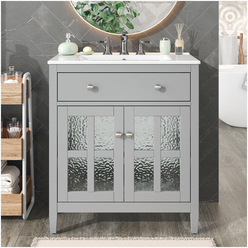 Meuble-lavabo gris de 30 po avec lavabo en céramique, tablette réglable, plateau basculant et charnières à fermeture en douceur pour les salles de bain modernes