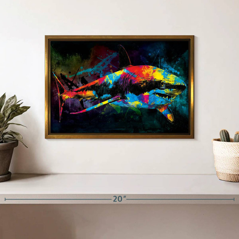 Great White Shark Color Grunge, Floating Frame Gold, 13" X 9"