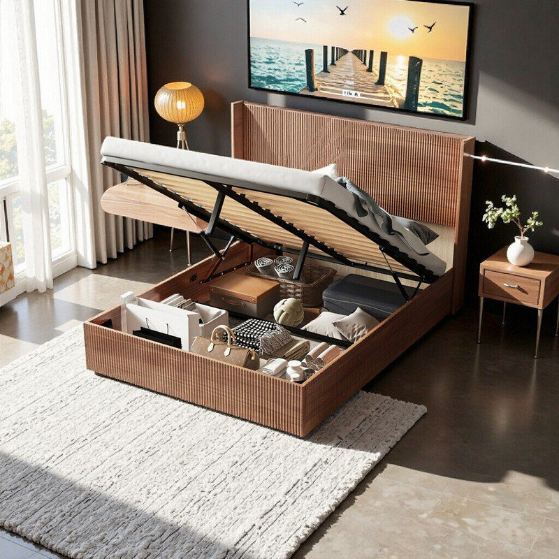 Queen-Size Lifting Storage Bed with Elevated Headboard