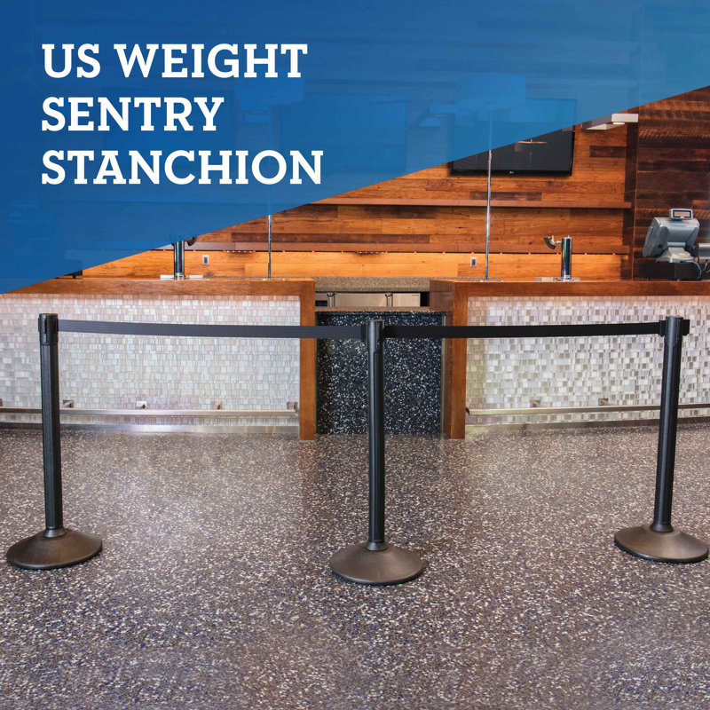 US Weight Black Plastic Stanchion for Crowd Control with 6.5' Retractable Chevron Black and Yellow Barrier Belt with Tool-Free Assembly and Belt Ends that Fit Most Brands - 2 PK