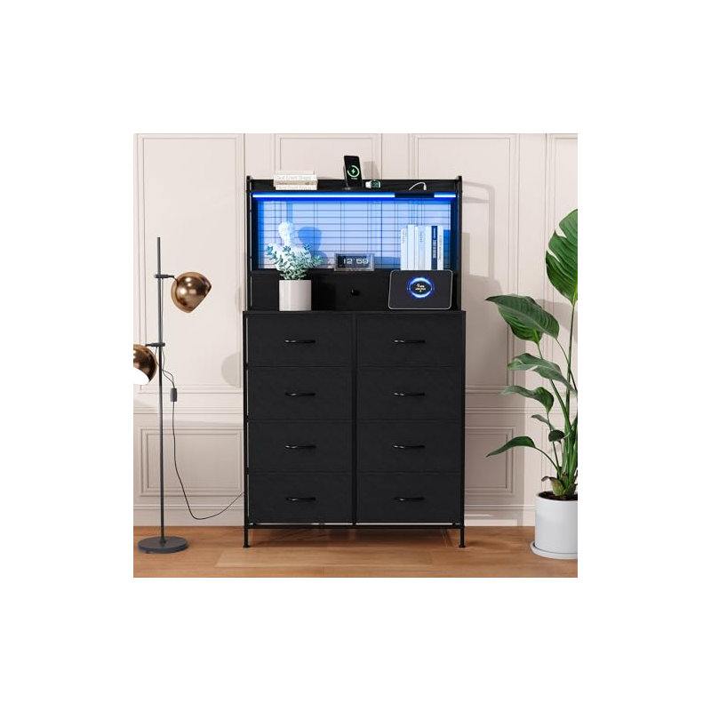 Smart Dresser with 11 Fabric Drawers, Built-in Charging Station with Wireless Charger, App-Controlled RGB LED Lights, Black