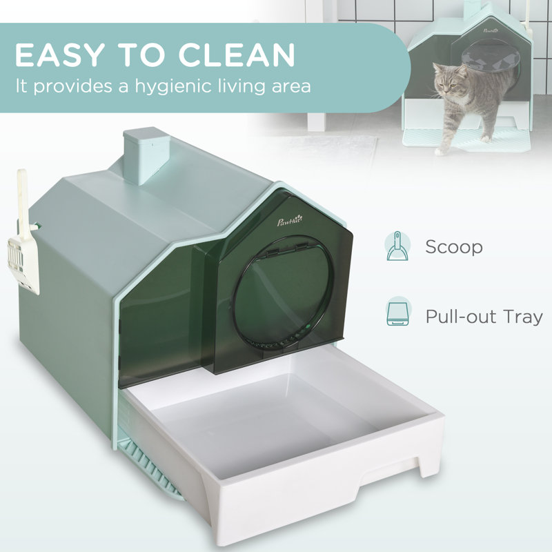 Light Blue House Shape Hooded Cat Litter Box with Drawer