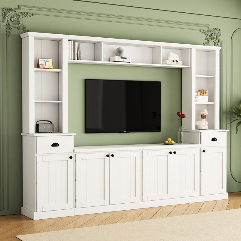 Meuble télé mural élégant pour téléviseurs de 75 pouces, blanc, avec étagères ajustables et grand espace de rangement. Console de télévision avec pont supérieur.