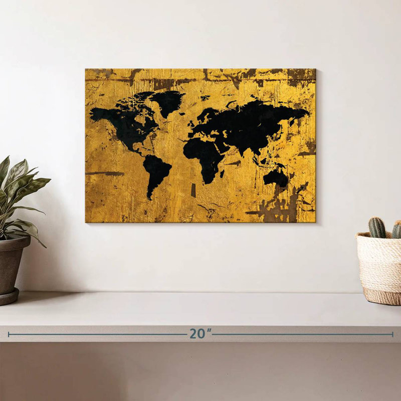 Aliaz noir sur carte du monde dorée, H 8 po x l 12 po