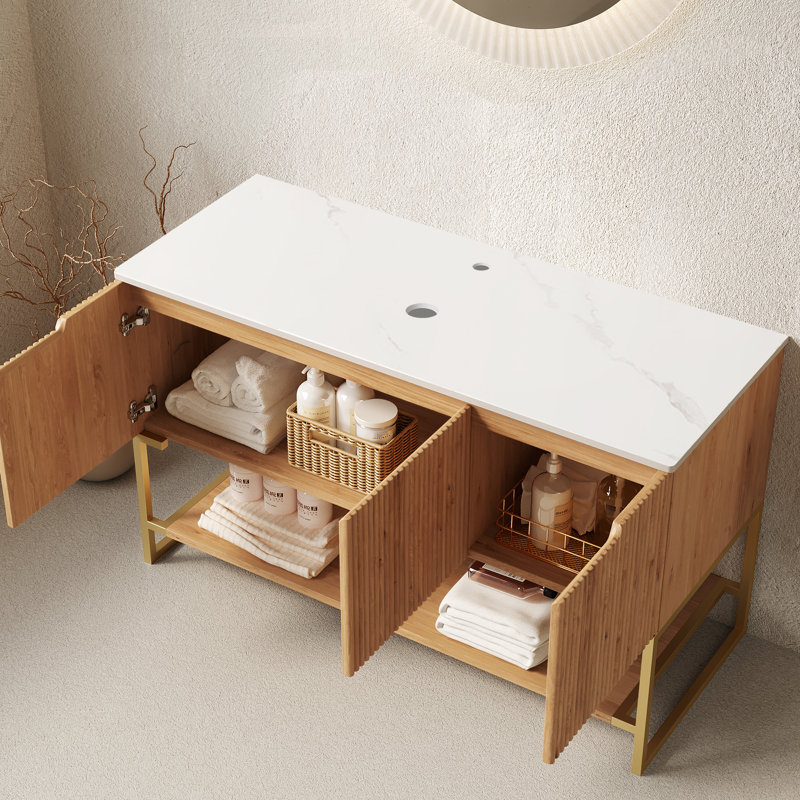 Coiffeuse Luxstone avec comptoir en pierre frittée, Woodgrain