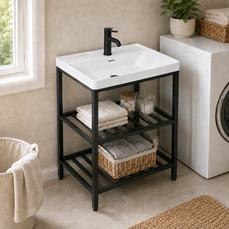 Meuble-lavabo autoportant de 61 cm (24 po) avec lavabo intégré en résine et structure en acier inoxydable, et rangement ouvert à 2 niveaux