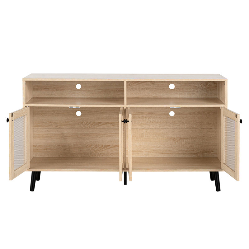 Meuble télé naturel de style Mid-Century naturel pour le salon, avec rond noir, bois d'ingénierie et papier, l 32 po de haut x l 56 po x P 32 po H, assemblage simple requis