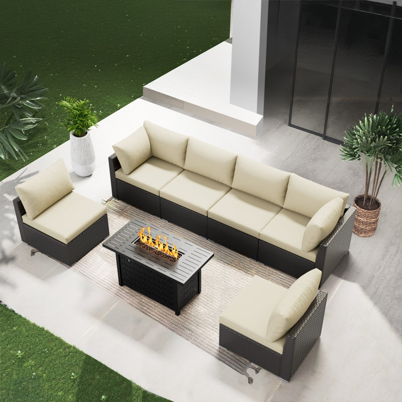 7 Piece Sectional Seating Group With Cushions, Light Beige