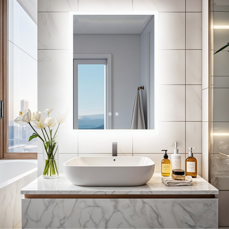 Led Bathroom Mirror With Backlit, 3 Colors Temperature & Dimmable Brightness Light Anti-fog Tempered Glass Bathroom Vanity Mirror