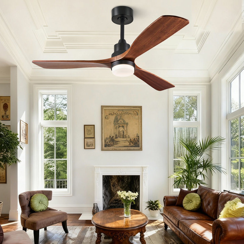 Ventilateur de plafond intelligent 52 po avec lumière, 3 pales en bois, télécommande à 6 vitesses et commande vocale APP, 3CCT, à intensité variable, moteur réversible BLDC