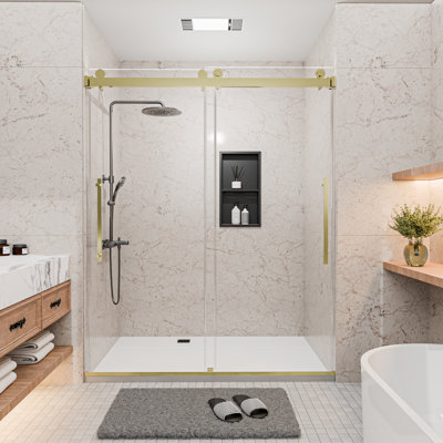 Porte de douche coulissante double sans cadre, 112-122 cm L x 188 cm H, verre trempé transparent 6 mm, fini or brossé